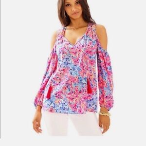 Lilly Pulitzer Pink and Blue Cold-Shoulder V-Neck Floral Top